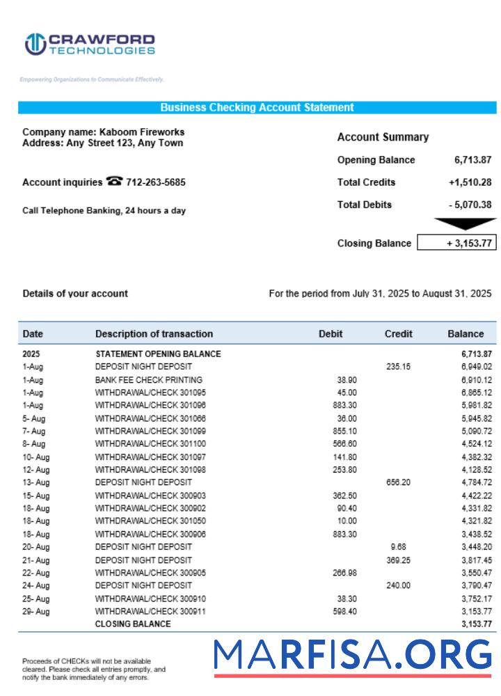 Printable Crawford Technologies business firm account statement Word snd PDF format example